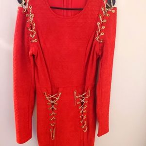 Red suede dress with gold chains